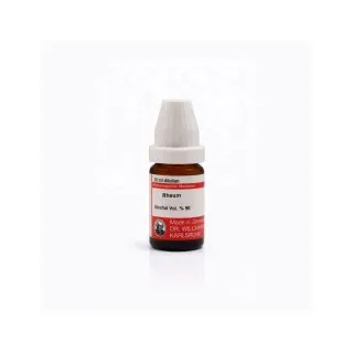 Rheum 10ml homeopathic dilutions and mother tincture bottle or pack on white background