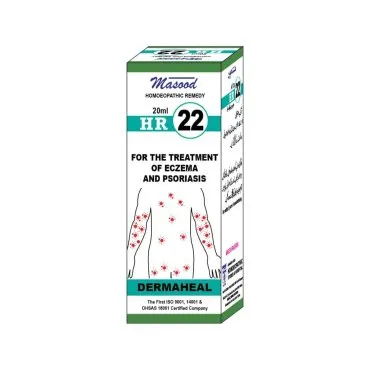 Dr. Masood HR-22 Dermaheal homeopathic drops 20 ml product package on a white background