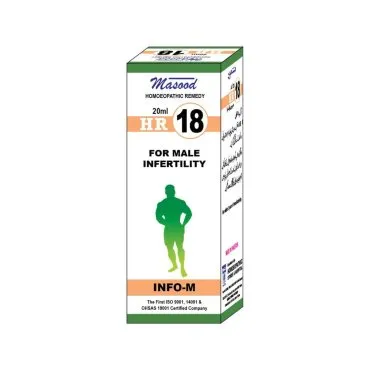 Dr. Masood HR-18 Info-M homeopathic drops 20 ml product package on a white background