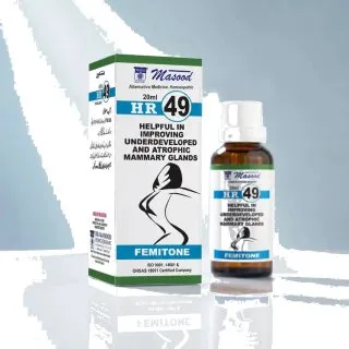 Dr. Masood HR-49 Femitone homeopathic drops 20 ml product package on a white background