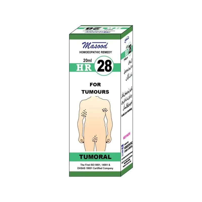 Dr. Masood HR-28 Tumoral homeopathic drops 20 ml product package on a white background