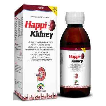 Happi Kidney Syrup (Sugar free) 120 ml, Kamal Laboratories product pack on a white background