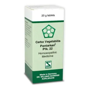 Carbo vegetabilis Pentarkan Ptk. 22 20g Tablets by Dr. Willmar Schwabe, original homeopathic packshot on white background