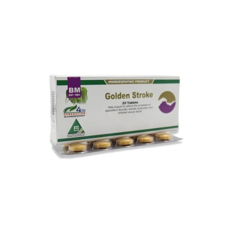 BM Golden Strokes Tablets homeopathic tablets by BM Homoeopathic Pharmaceuticals on a pure white background
