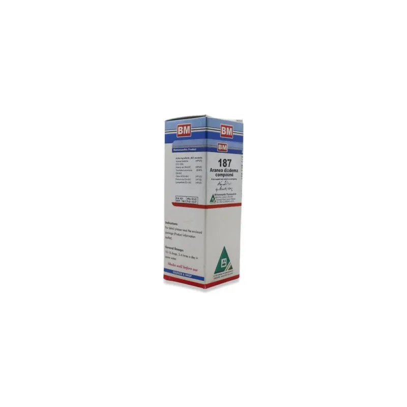 BM 187 Drops homeopathic drops by BM Homoeopathic Pharmaceuticals on a pure white background