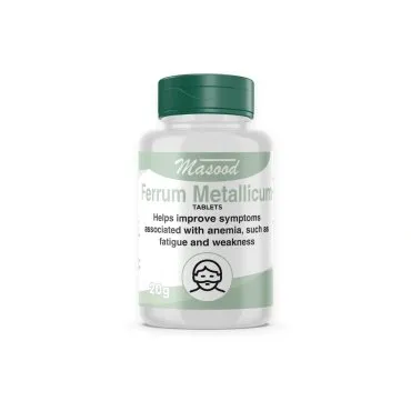 Ferrum Metallicum Tablets by Dr. Masood, original bottle on a white background