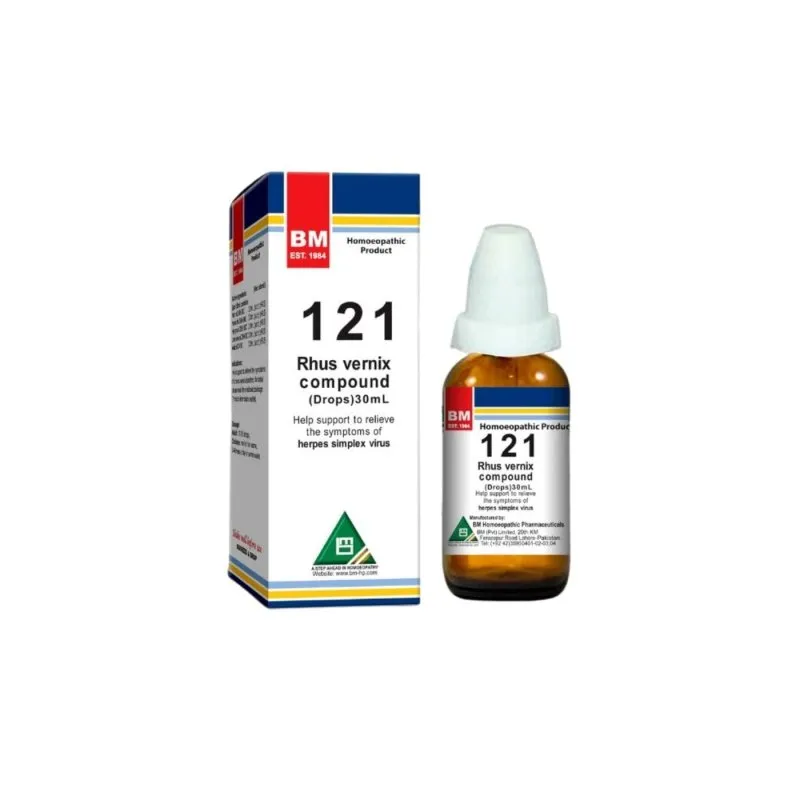 BM 121 Drops homeopathic drops on a pure white background