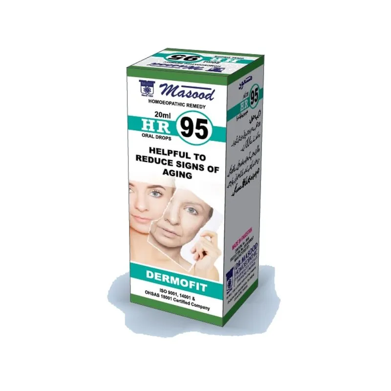 Dr. Masood HR-95 Dermofit homeopathic drops 20 ml product package on a white background