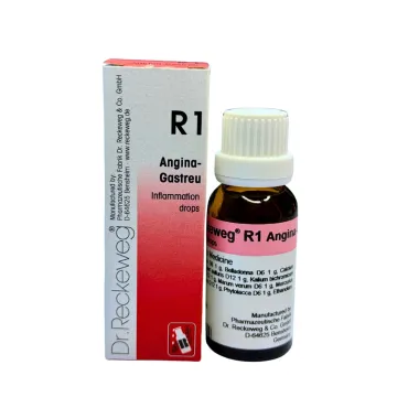 R1 Angina-Gastreu 22ml homeopathic drops by Dr. Reckeweg, bottle and carton