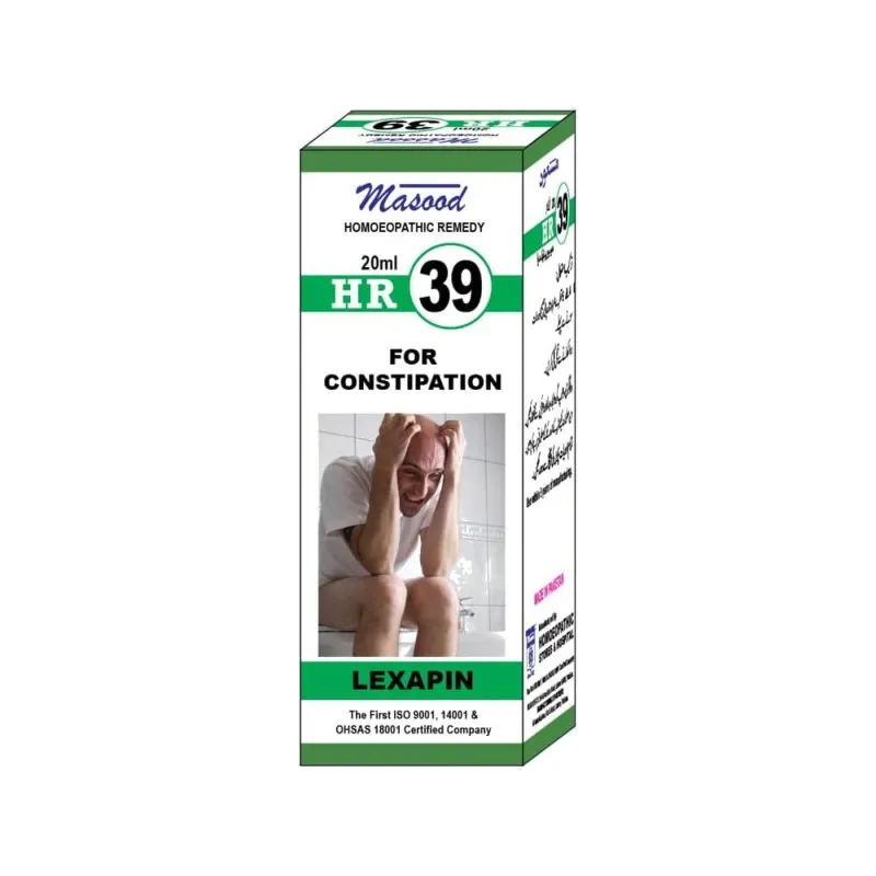 Dr. Masood HR-39 Lexapin homeopathic drops 20 ml product package on a white background