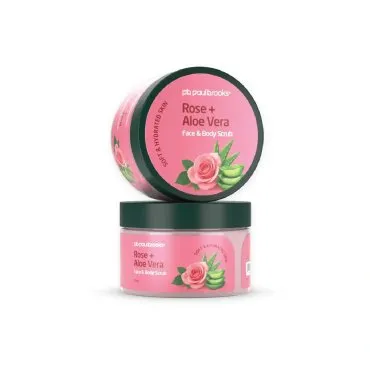 Rose + Aloe Vera Face and Body Scrub by Paul Brooks, product pack on a white background
