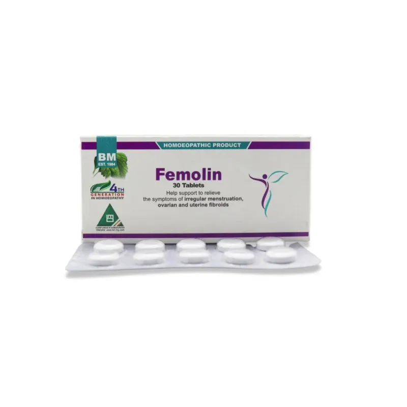 BM Femolin Tablet homeopathic tablets by BM Homoeopathic Pharmaceuticals on a pure white background