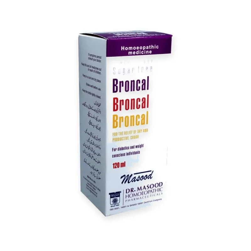 Broncal Sugar-Free Syrup by Dr. Masood, original product packaging on a white background