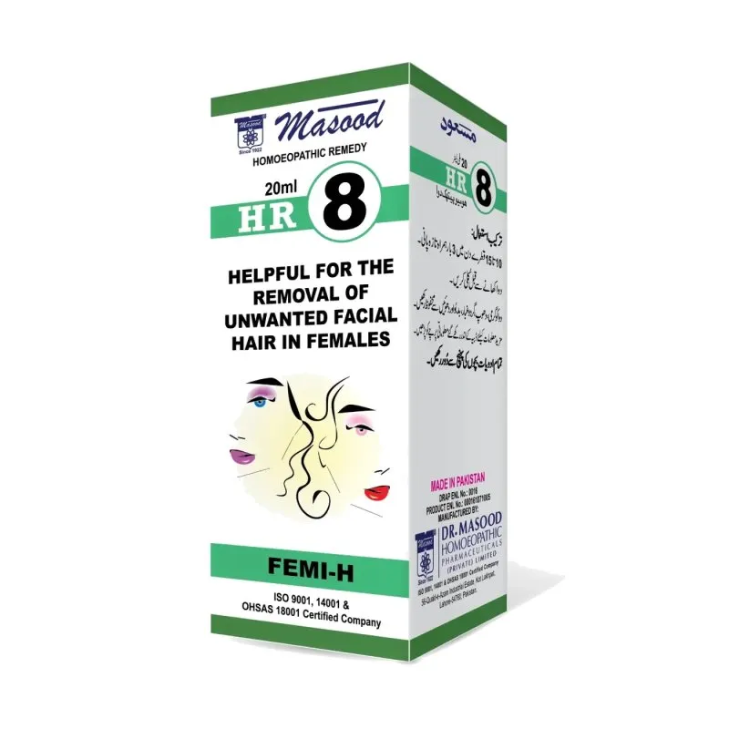 Dr. Masood HR-08 Femi-H homeopathic drops 20 ml product package on a white background