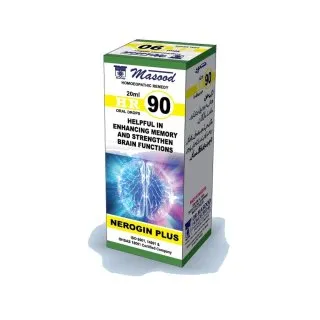 Dr. Masood HR-90 Nerogin Plus homeopathic drops 20 ml product package on a white background