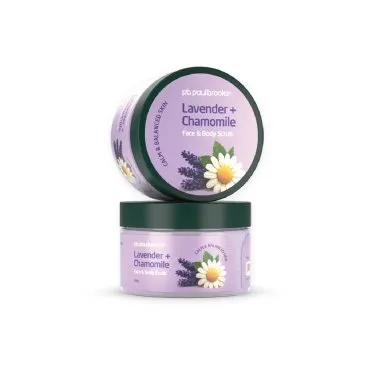 Lavender + Chamomile Face and Body Scrub by Paul Brooks, product pack on a white background