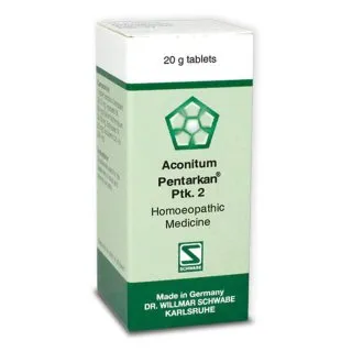 Aconitum Pentarkan Ptk. 2 20g Tablets by Dr. Willmar Schwabe, original homeopathic packshot on white background