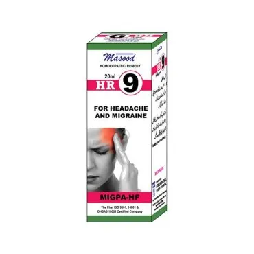 Dr. Masood HR-09 Migpa-Hf homeopathic drops 20 ml product package on a white background