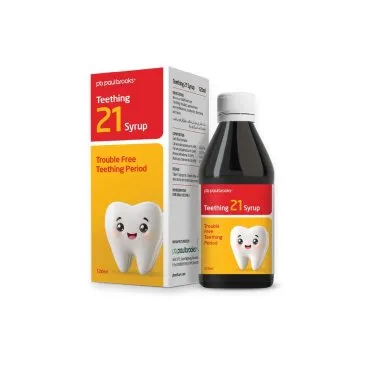 Teething 21 Syrup by Paul Brooks, product pack on a white background